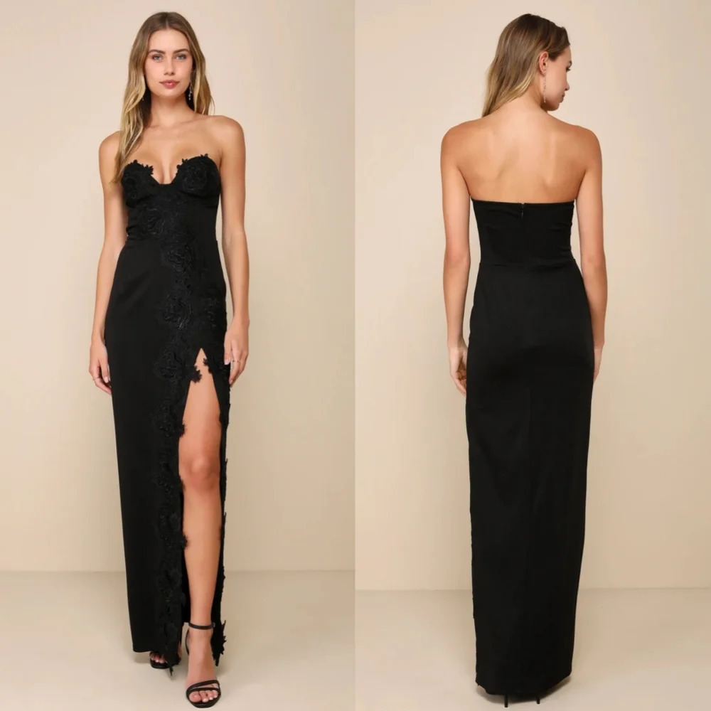 Lulus Elegant Mood Black 3D Floral Applique Strapless Maxi Dress S Wedding NWT